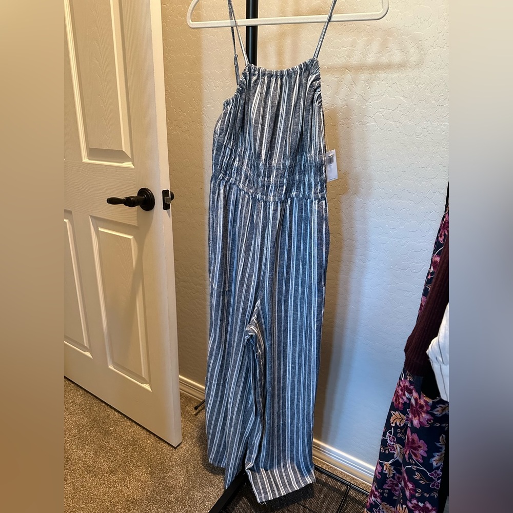 Striped linen wide leg jumpsuit